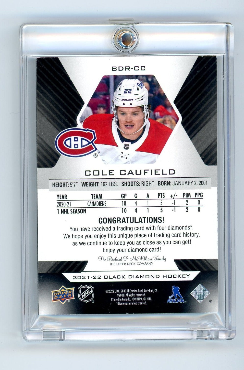 Cole Caufield 2022 Upper Deck Black Diamond Quad Diamond Relic Rookies #'d 31/99