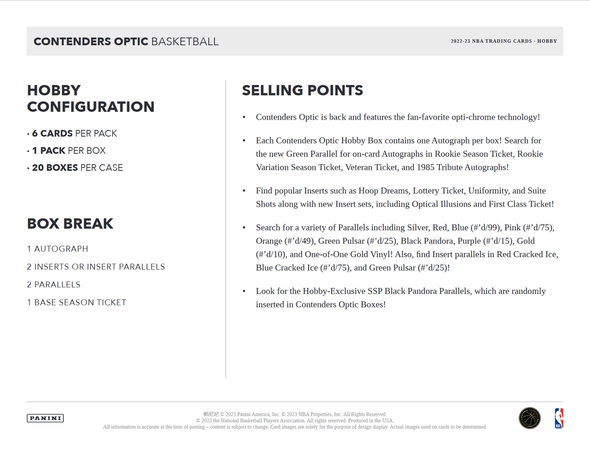 2022-23 Panini Contenders Optic Basketball Hobby 10 Box Case